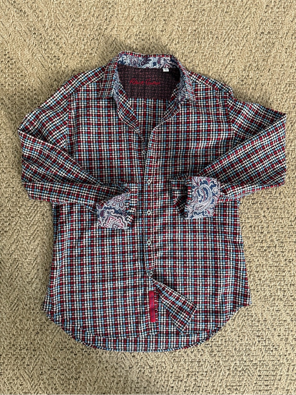 Classic Men's Red, Blue and White Plaid Button-Down Shirt with Paisley Trim
